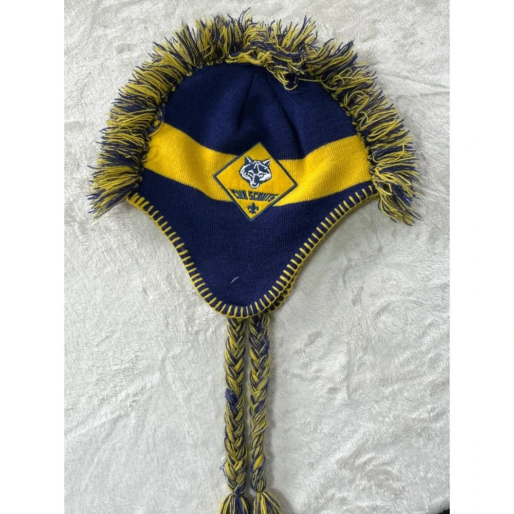 Official BSA Cub Scout Wolf Mohawk Winter Beanie Hat Earflap Tassels Youth Blue